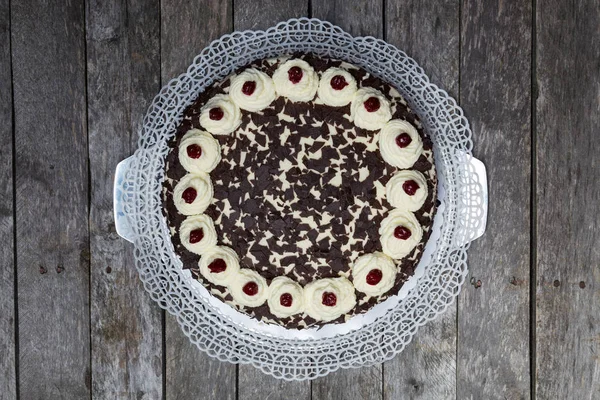 Black Forest Cake Pie Gray Wooden Background — Stock Photo, Image