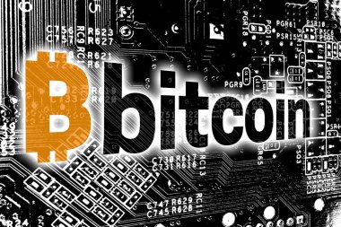 Devre kartı konsept arka planı ile Bitcoin.