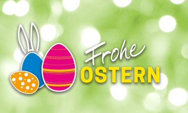 Frohe Ostern (içinde Alman Mutlu Paskalya) kavramı yeşil bir arka plana dayanır.