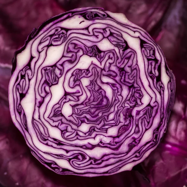 Sliced Half Red Cabbage Purple Background — Stock Photo, Image