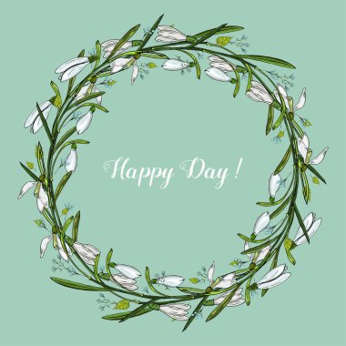 Vektör çiçek çelenk kardelen Tiffany mavi arka planda. Vektör çizim. Davetiye