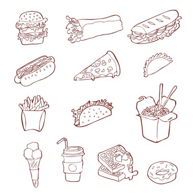 Fastfood Icon set. Elle çizilmiş kroki çizimi sokak gıda.