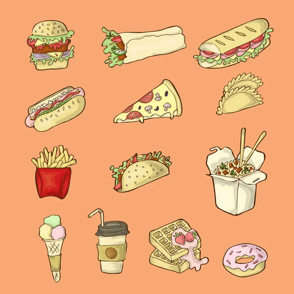 Απομονωμένη handdrawn fastfood απεικονίσεις σε λευκό φόντο. — Διανυσματικό Αρχείο