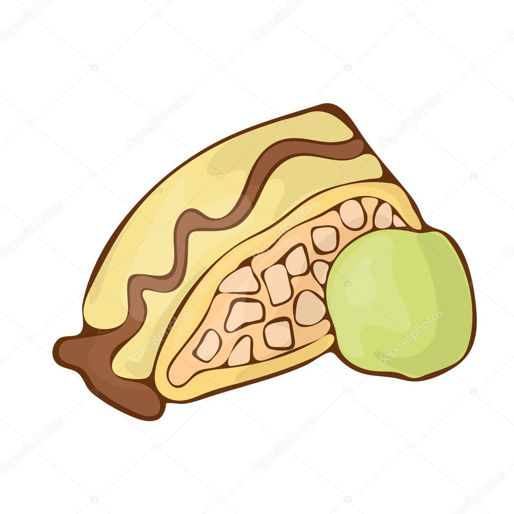 Sweet apple strudel with pistachio ice cream dessert vector icon cartoon handdrawnn illustration.