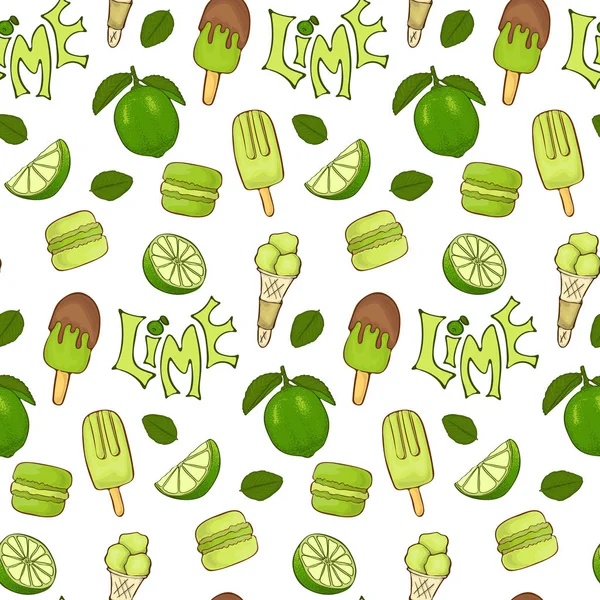 Delicious ice cream and lime color seamless vector handdrawn pattern. — Stock Vector