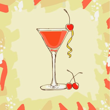 Elinde klasik kokteyl bar tarzı çizilmiş. İzole. El çekilmiş cam, alkış, kutlama tost