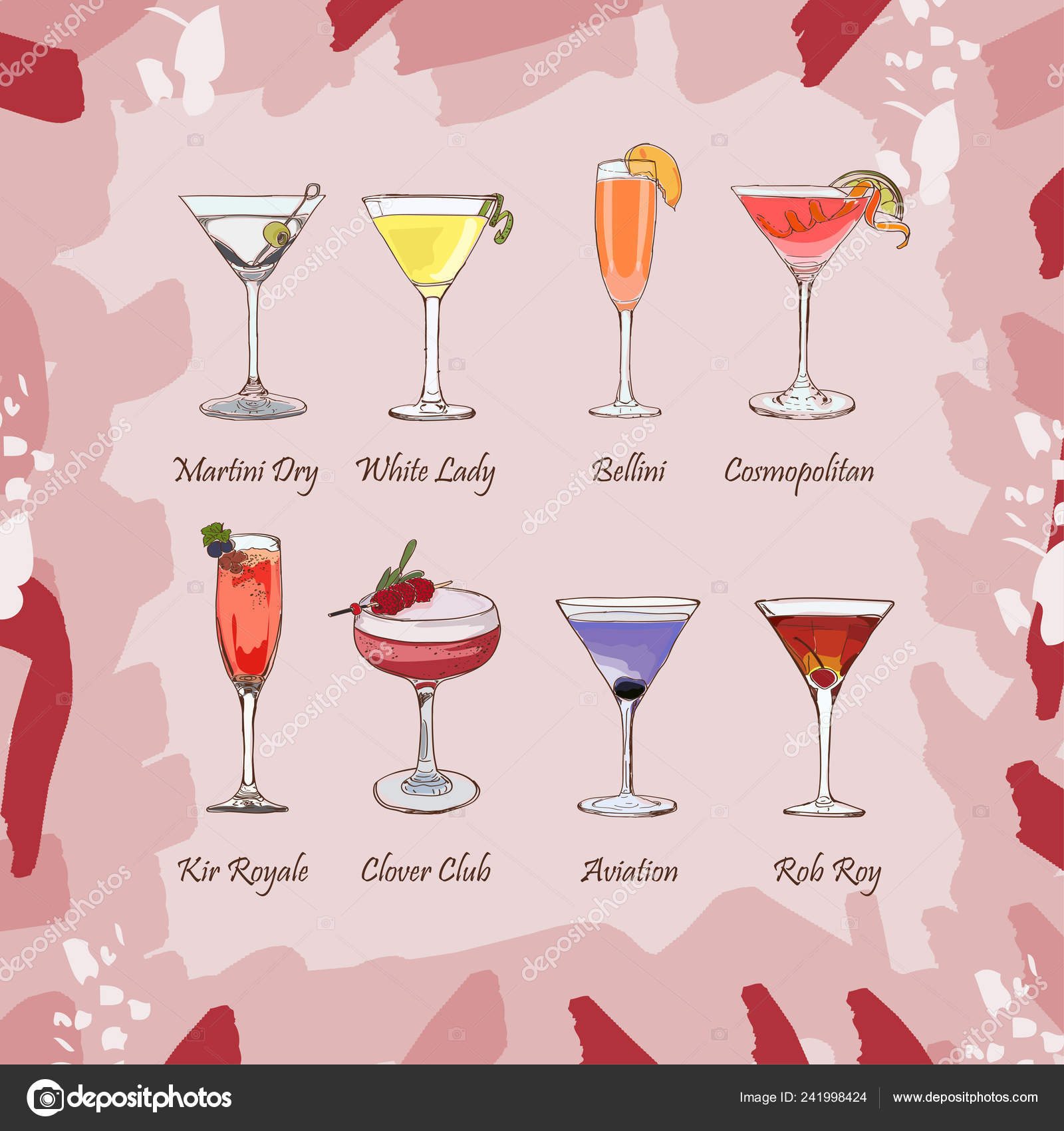 Set Classic Cocktails Abstract Pink Background Fresh Bar - 