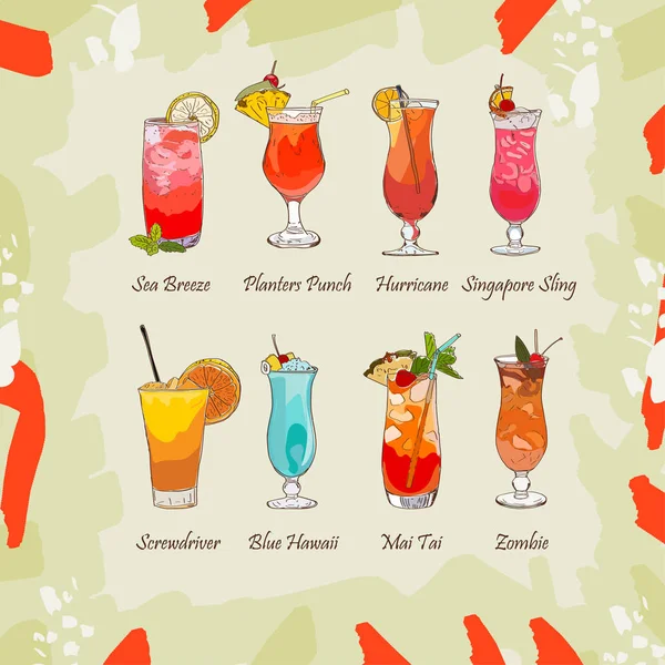 Conjunto Cócteles Tropicales Clásicos Sobre Fondo Abstracto Menú Bebidas Alcohólicas — Archivo Imágenes Vectoriales