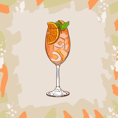 Kokteyl izole illüstrasyon kroki. Çağdaş klasikler Aperol Spritz bar alkollü içki. Vektör el çekilmiş resim koleksiyonu.