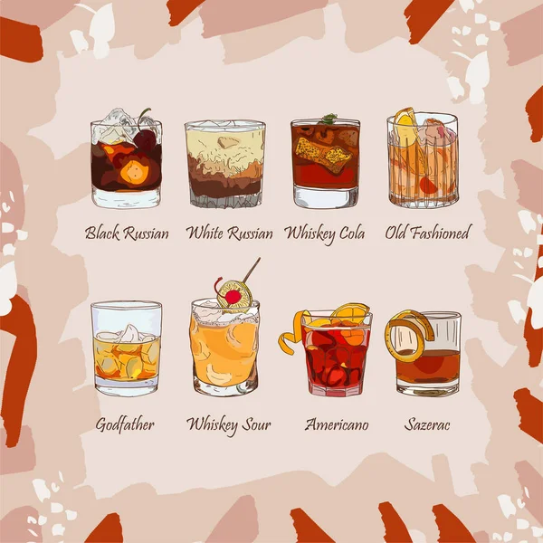Set med klassiska cocktails på abstrakt bakgrund. Färsk alkoholhaltiga drycker barmeny. Vector skiss illustration samling. Handritad. — Stock vektor