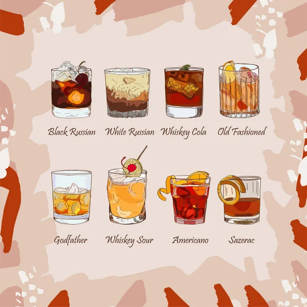 Conjunto de cócteles clásicos sobre fondo abstracto. Menú de bebidas alcohólicas frescas bar. Vector bosquejo ilustración colección. Dibujado a mano . — Vector de stock