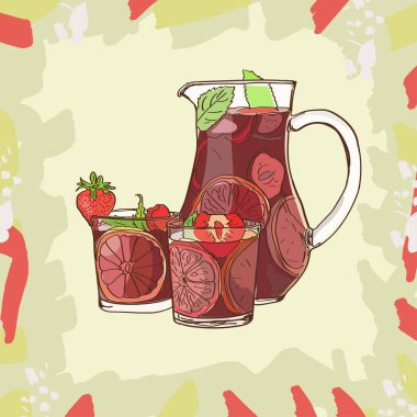 Sangria. Geleneksel İspanyol alkol içki. Elle çizilmiş sürahi ve bardak