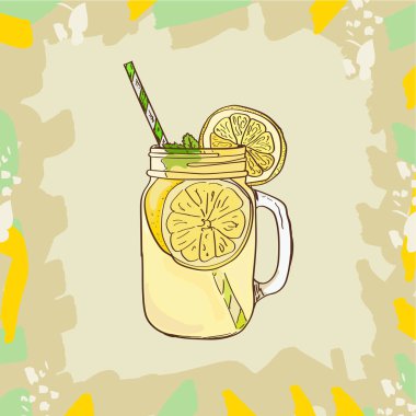 Limonata saman ve limon kama içme ile mason kavanoza kupa. Canlandırıcı yaz içki vektör klip sanat çizim çizim doodle stili.