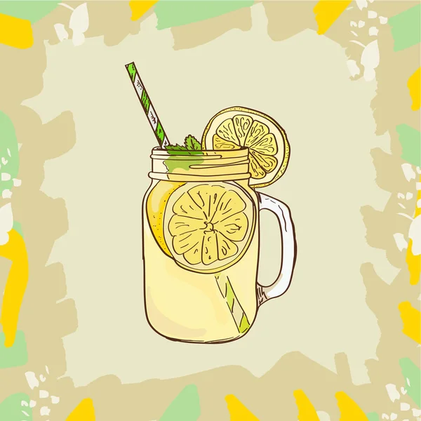 Limonade in mason jar Mok met het drinken van stro en citroen wig. Verfrissende zomer drankje vector clip art illustratie, doodle stijl tekening. — Stockvector