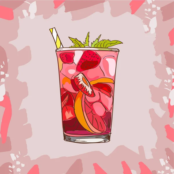 Glas met klassieke aardbeien limonade - mooie vectorillustratie van plakjes citroen, aardbeien, munt, ijsblokjes en een rietje — Stockvector