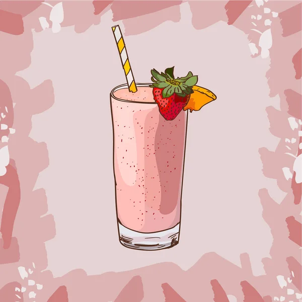 草莓冰沙食谱。餐厅或餐厅的菜单元素, 提供充满活力的新鲜饮品。健康生活的新鲜果汁. — 图库矢量图片