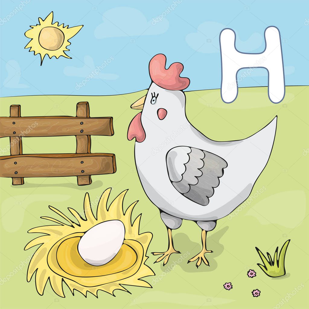Illustrated alphabet letter H and hen. ABC book image vector cartoon. Hen with egg on a farm