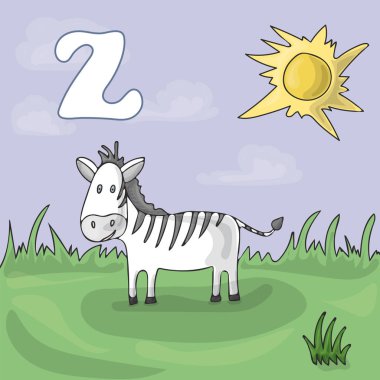 Resimli Alfabe harf Z ve Zebra. ABC kitap görüntü vektör karikatür. Zebra bir hayvanat bahçesi bir çayır üzerinde sıyırdı. Resimli çocuk alfabe karakteri.