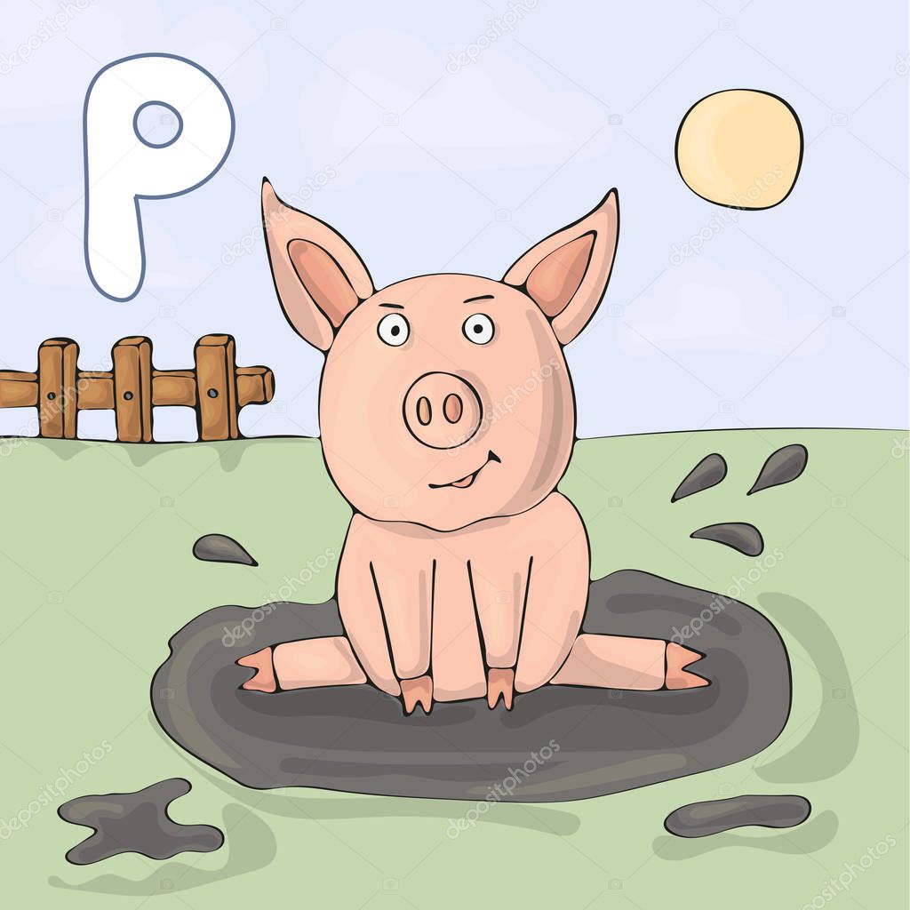 Illustrated alphabet letter P and Pig. ABC book image vector cartoon. A funny pig sits in a puddle on a farm. Children illustrated alphabet character.