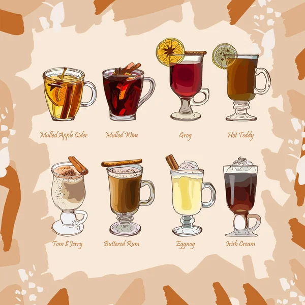 ホットのクラシックなカクテル イラスト集 アルコールは手描き下ろしのセットです 暖かい添え冬ドリンク メニューをスケッチします ホットワイン グロー エッグノッグ アイリッシュ コーヒー — ストックベクタ