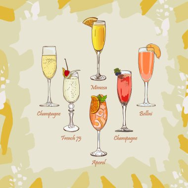 Klasikleri şampanya, Bellini, Mimoza, Kir Royale, Fransız 75, Aperol Spritz bar alkollü içecekler. Vektör el menü tasarım resim koleksiyonu çekilmiş. Kokteyller kümesinin izole illüstrasyon kroki.
