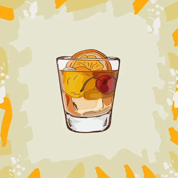 Ilustração de cocktail à moda antiga. Alcoólico clássico bar beber mão vetor desenhado. Pop art — Vetor de Stock