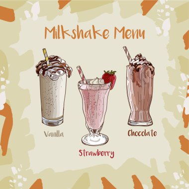 Çilek, vanilya, çikolata Milkshake tarifi ayarlayın. Menü öğesi için kafe ya da Restoran süt taze içecekler koleksiyonu ile. Sağlıklı yaşam için taze kokteyl.