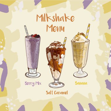 Berry Mix, Solta karamel, muz Milkshake tarifi ayarlayın. Menü öğesi için kafe ya da Restoran süt taze içecekler koleksiyonu ile. Sağlıklı yaşam için taze kokteyl.