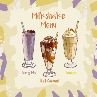 Berry Mix, Solt Caramel, Banana Milkshake set recipe. Menu element for cafe or restaurant with milk fresh drinks collection. Fresh cocktail for healthy life. clipart