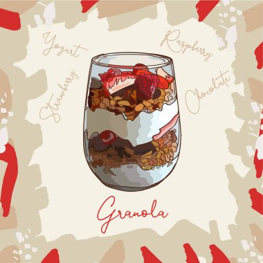 Parfe tatlı granola, ahududu, çilek ve yoğurt ile kroki tarzı görüntü. El vektör çizim çekilmiş. İzole menü tasarım öğesi