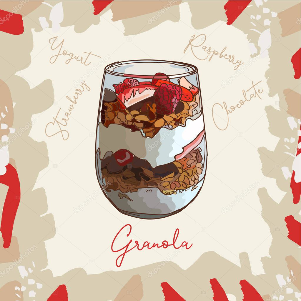 Parfait dessert with granola, raspberry, strawberry and yogurt sketch style image. Hand drawn vector illustration. Isolated menu design item