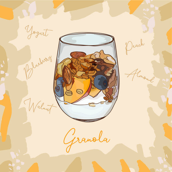 Parfait dessert with granola, blueberry, peach and yogurt sketch style image. Hand drawn vector illustration. Isolated menu design item