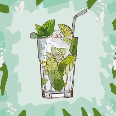 Mojito taze Çağdaş klasik kokteyl illüstrasyon. Çizilmiş vektör alkollü bar içki ver. Pop art