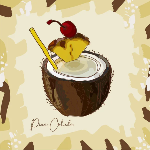 Ilustración de cócteles Pina Colada. Bebida de bar alcohólica vector dibujado a mano. Arte pop — Archivo Imágenes Vectoriales