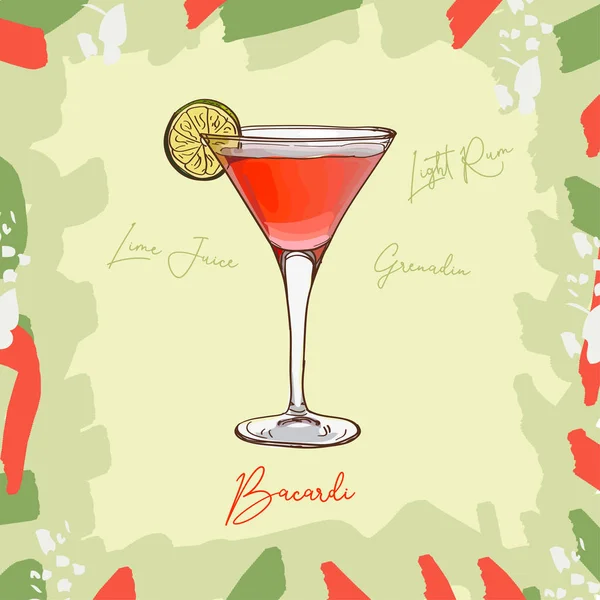 Ilustração cocktail Bacardi. Alcoólico clássico bar beber mão vetor desenhado. Pop art — Vetor de Stock