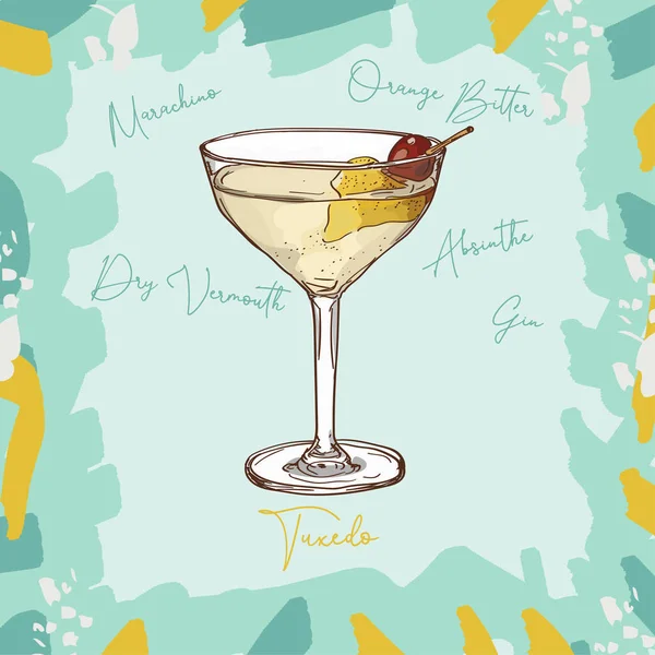 Ilustración de cóctel de esmoquin. Bebida de bar clásica alcohólica vector dibujado a mano. Arte pop — Archivo Imágenes Vectoriales