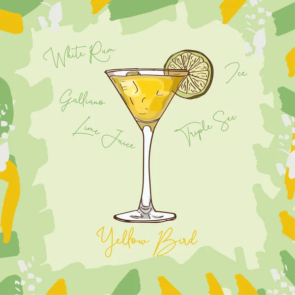 Pájaro amarillo Ilustración de cóctel clásico contemporáneo. Bebida de bar alcohólica vector dibujado a mano. Arte pop — Archivo Imágenes Vectoriales