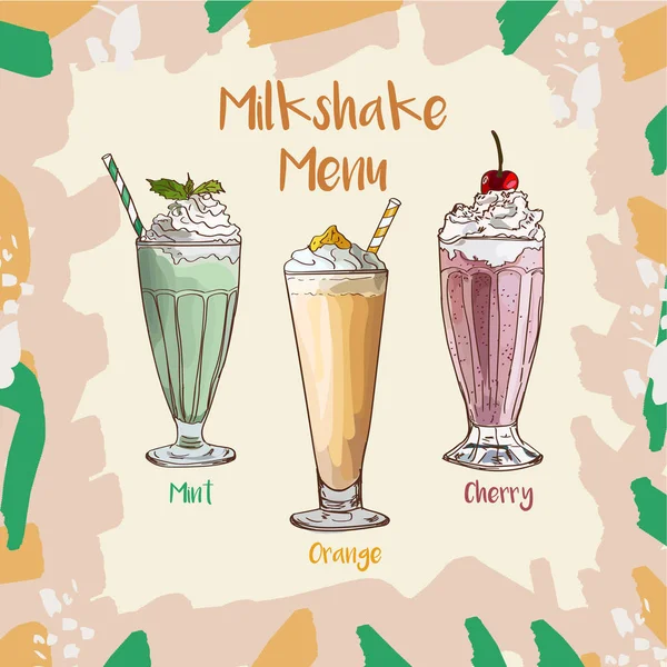 Munt, sinaasappel en kersen Milkshake instellen recept Element menu voor café of restaurant met frisse drankjes melkophaling. Verse cocktail voor gezond leven. — Stockvector