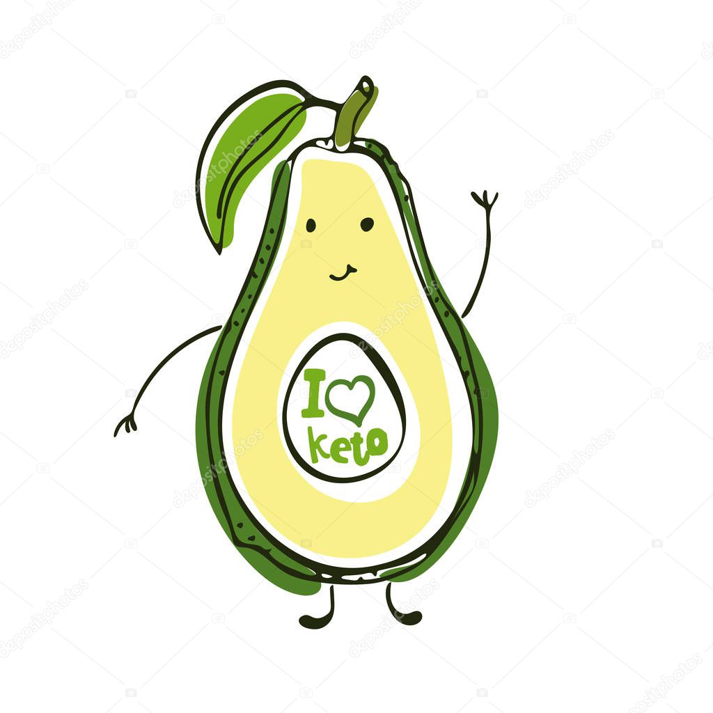 Keto diet hand drawn illustration. Cartoon cute avocado character with lettering. Healthy ketogenic nutrition. Low carb diet. I love keto quote. Style isolated design element