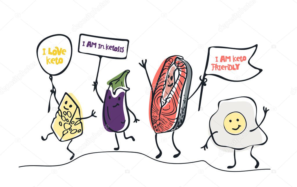 Keto diet hand drawn illustration. Cartoon cute cheese, eggplant, salmon, egg characters with lettering. Healthy ketogenic nutrition. Low carb diet. I love keto quote. Style isolated design element