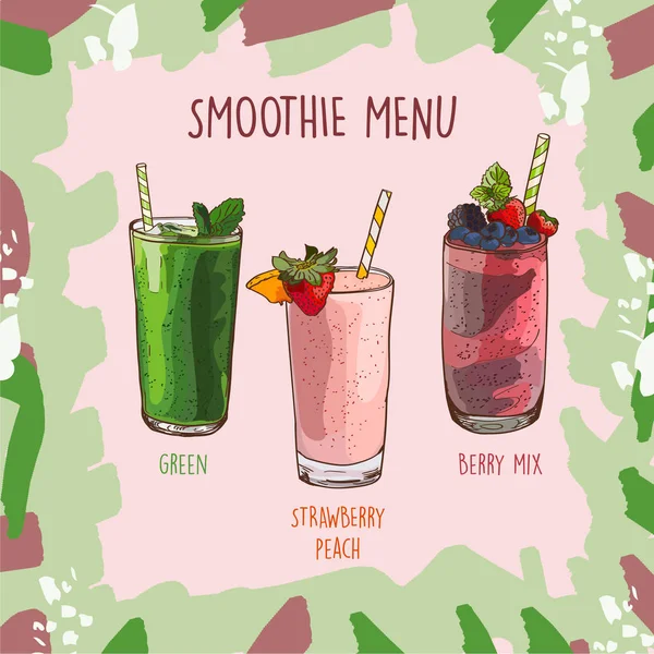 Green, Fragola-Pesca, Berry Mix smoothie set ricetta. Elementi di menu per caffè o ristorante con bevande fresche energetiche. Cocktail fresco per una vita sana . — Vettoriale Stock