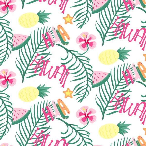Beach Hawaii cheerful seamless pattern wallpaper of tropical dark green leaves of palm trees and flowers bird of paradise, plumeria on white background. For textile print, clothes, fashion — Stock Vector
