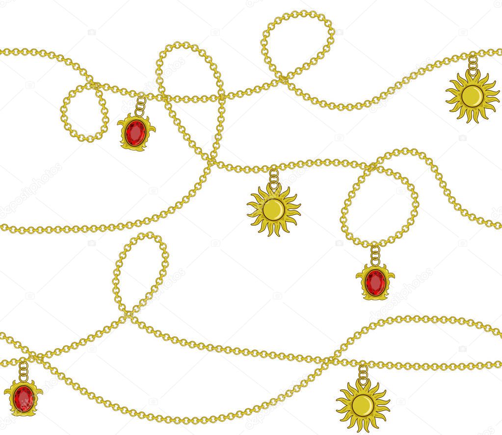 Golden chain with golden sun, ruby diamond color seamless pattern fashion design, vector illustration background. Endless texture for textile, paper, wallpaper print