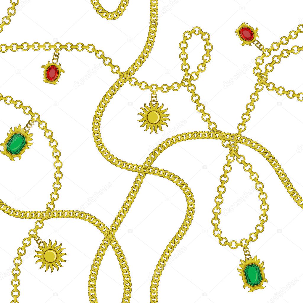 Golden chain with golden sun, ruby diamond, emerald color seamless pattern fashion design, vector illustration background. Endless texture for textile, paper, wallpaper print