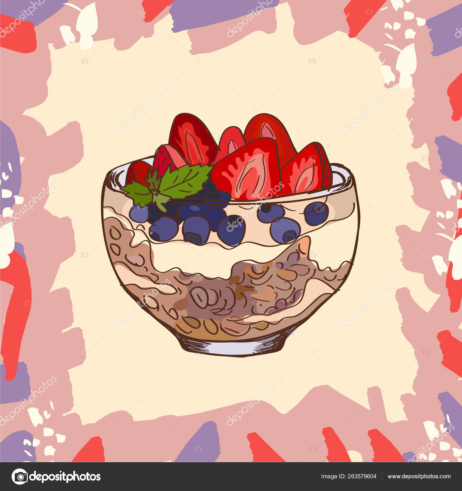 Parfait dessert with granola, blueberry, strawberry and yogurt sketch