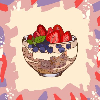 Granola, yaban mersini, çilek ve yoğurt kroki tarzı görüntü ile Parfait tatlı. El çizilmiş vektör illüstrasyon. Yalıtılmış menü tasarım öğesi