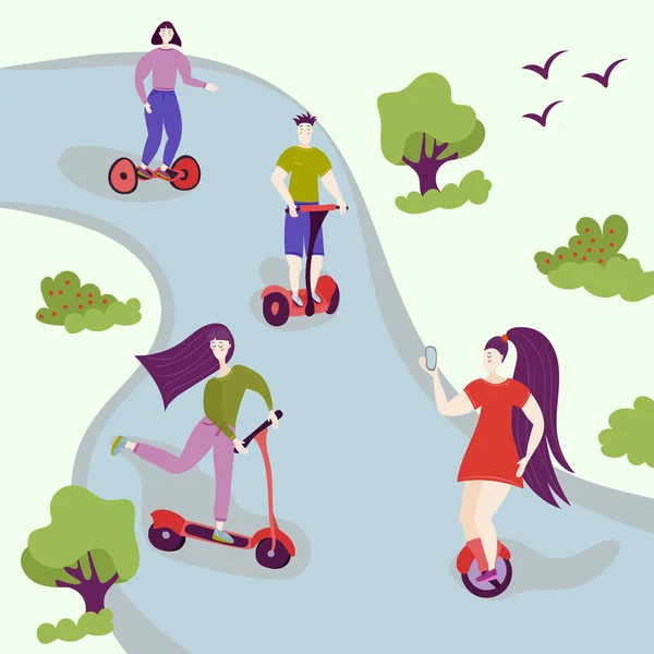 Active people in the park. Summer or spring outdoor city activity. Man and woman characters on hover board, segway, kick scooter. Flat design characters banner.