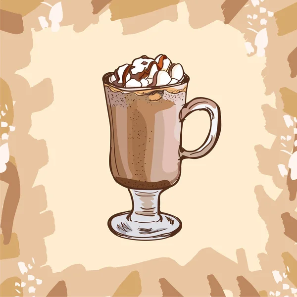 Marshmallow ve çocuklar için çikolata tepesi ile sıcak kakao Cam fincan. Çizim stilinde renkli vektör çizimi. Taze içecek ile menü ve poster tasarımı için el çizilmiş görüntü. — Stok Vektör