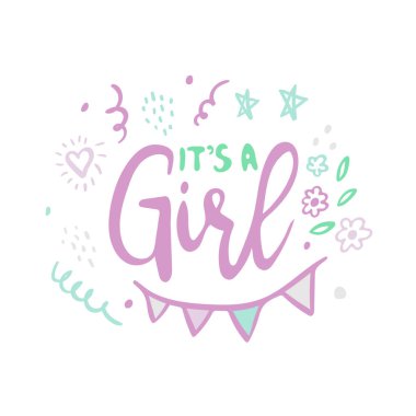 Onun A Girl düz modern el çizilmiş harfler. Mürekkep kaligrafisi. Karikatür yıldız, kalp ve çiçek kartpostal. Cinsiyet parti vektör tebrik kartı ortaya koymaktadır. Bebek duş, varış kutlama davet kartı