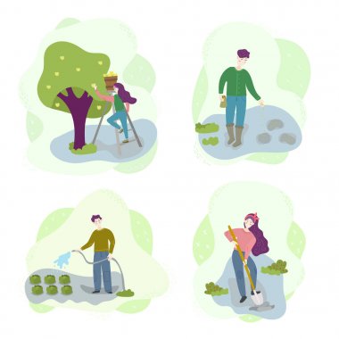 Kırsal kesimde kadın ve erkek. Sebzeleri sulayın, ekin, toprağı kazma, meyve topla. Sezon tarım hasat iş sahnesi ayarlayın. Web ve baskı koleksiyonu için izole düz trendy karikatür İllüstrasyon